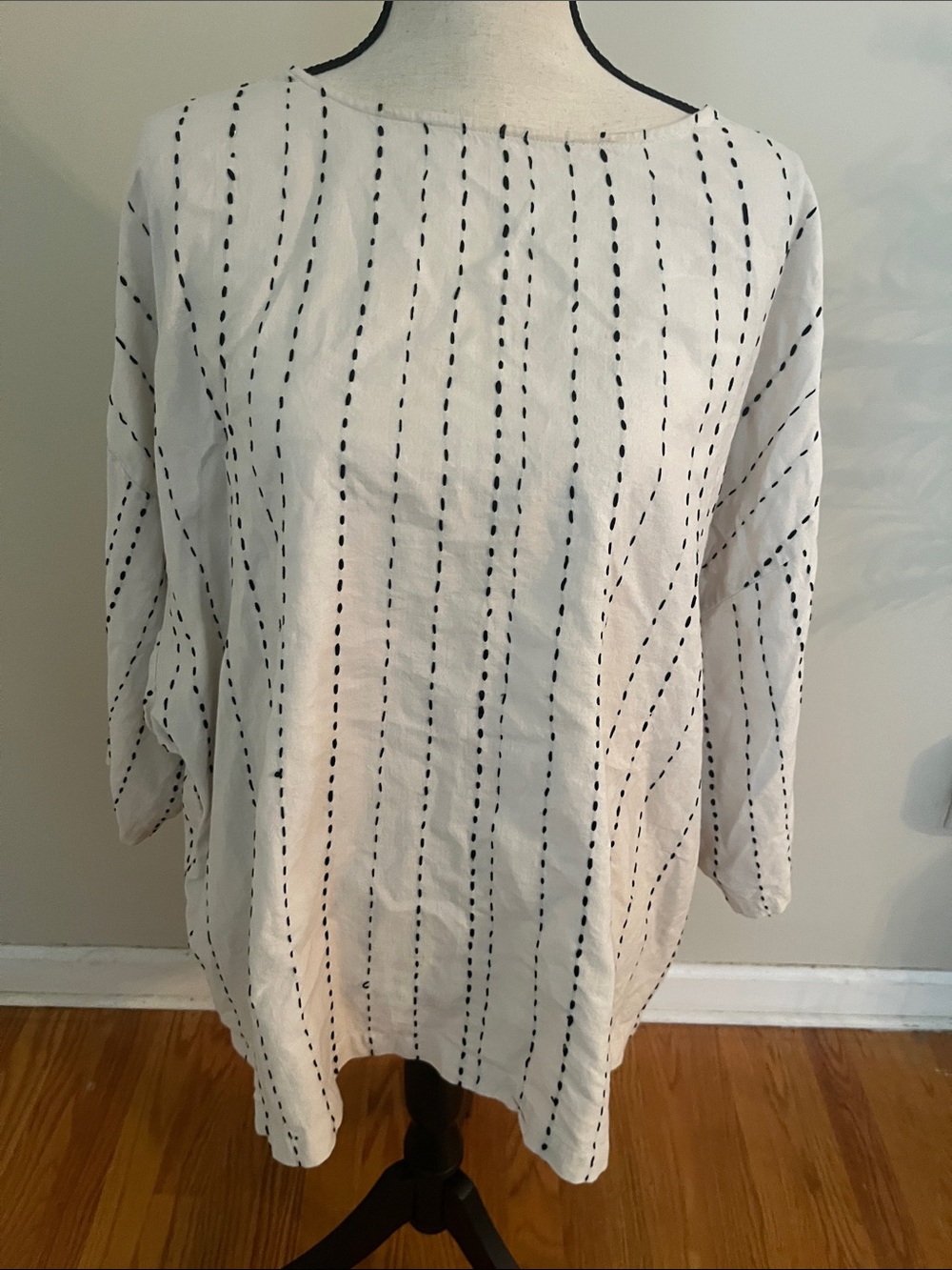 White Boxy Tunic Top with Black Stitch Stripes